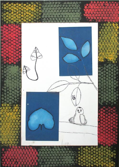 Solar prints on blue wint inke sketches and chalk colored border